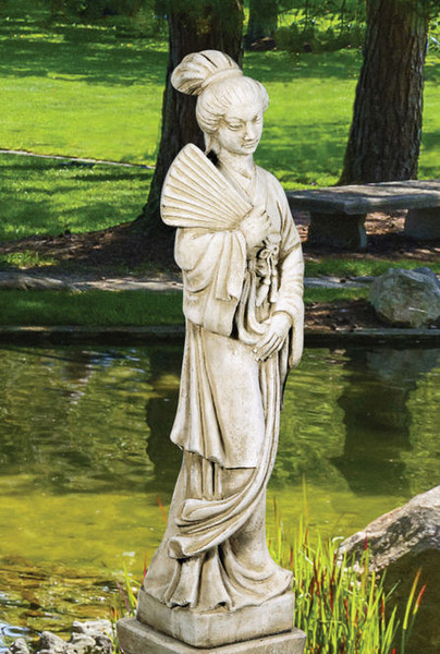 Oriental Maiden Garden Statue With Fan Cement Decoraive Asian